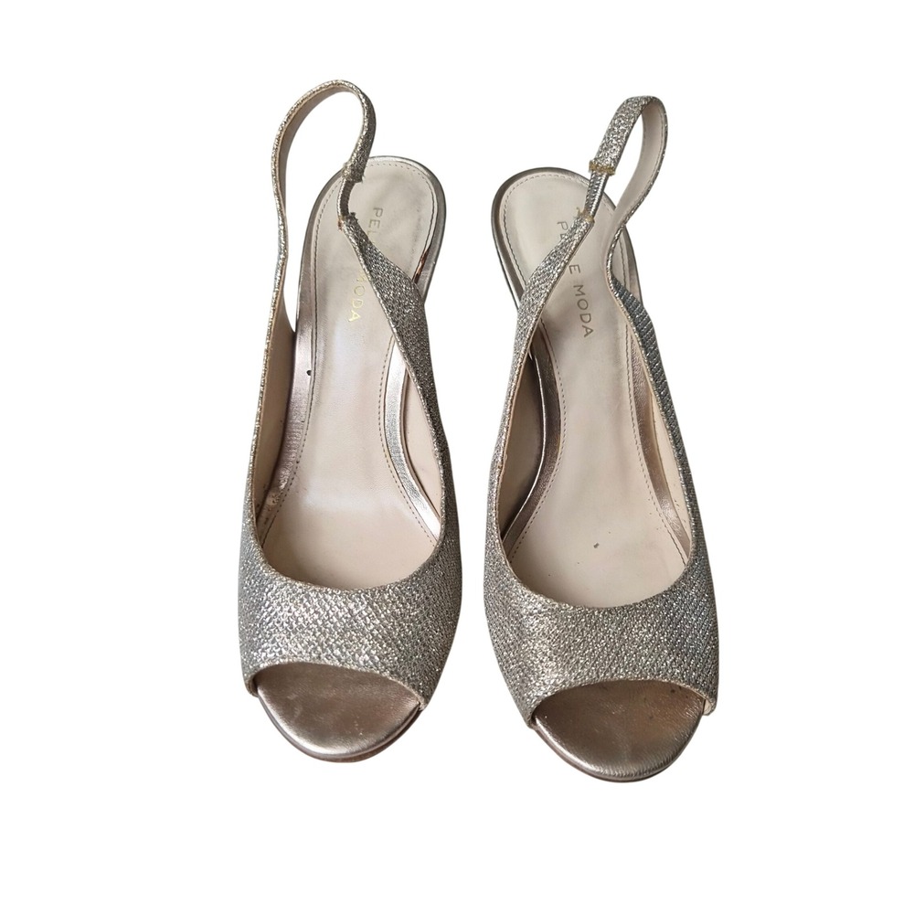 Pelle Moda Women Champagne Gold Glitter Peep Toe Slingback Platform Heels 8M